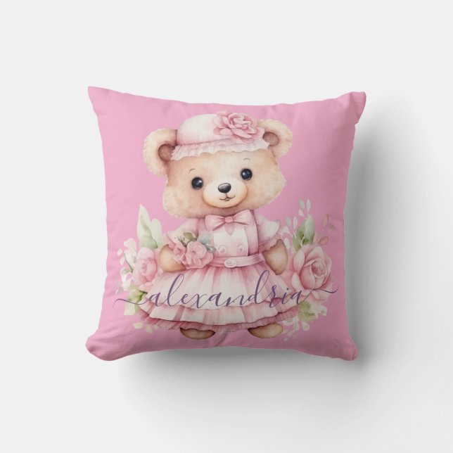 Oreiller jeté en forme d'ours en peluche rose pers (Recto)