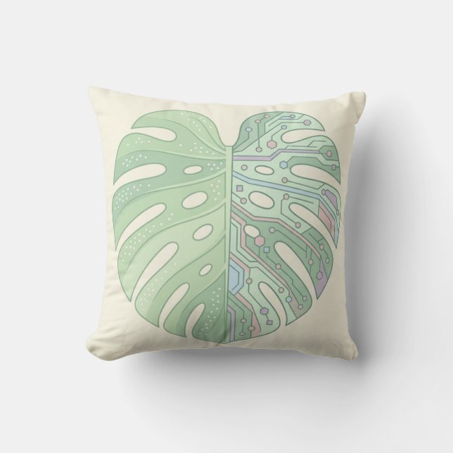 Oreiller jeté feuille de Monstera circuit cybernét (Recto)