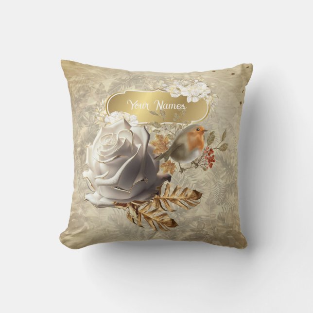 Oreiller jeté feuilles dorées, rose et oiseaux (Recto)