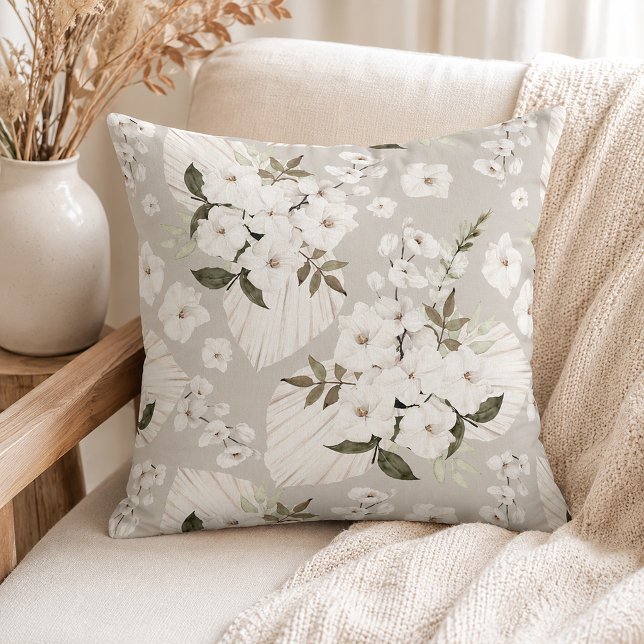 Oreiller jeté floral Boho neutre Fleurs blanches (Throw Pillow
)