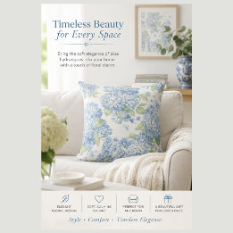 Oreiller jeté floral Hydrangea Bleu | Élégante Côt