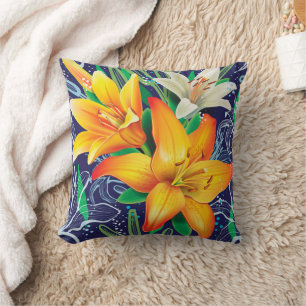 Oreiller jeté floral lis blancs orange bleu marine