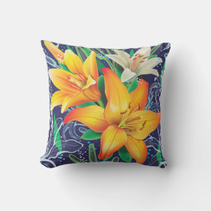Oreiller jeté floral lis blancs orange bleu marine