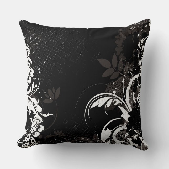 Oreiller jeté graphique Floral Noir Blanc Tourbill (Recto)