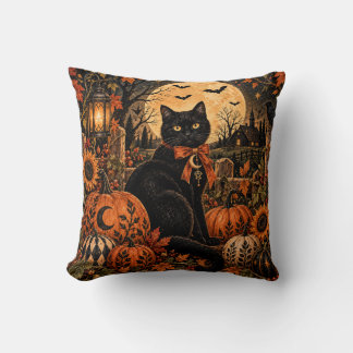 Oreiller jeté Halloween Lune Citrouille Chat Noir