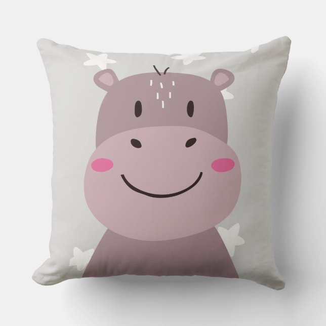 Oreiller Jeté Hippopotame Mignon Rose Étoiles Gris (Recto)