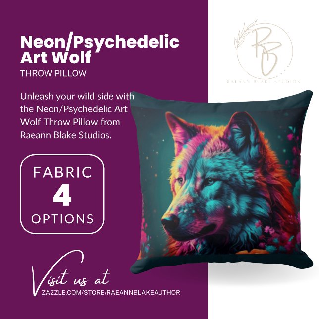 Oreiller jeté Loup Art Néon/Psychedelique (Créateur téléchargé)