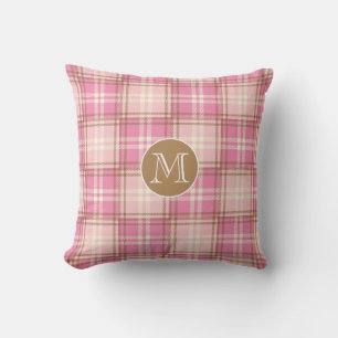 Oreiller jeté monogrammé à carreaux roses