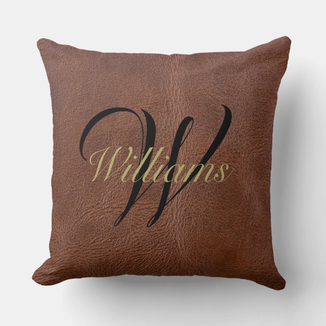 Oreiller jeté monogrammé aspect cuir marron rustiq (Recto)