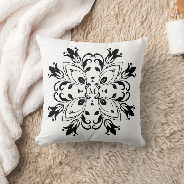 Oreiller jeté monogrammé mandala floral noir (Couverture)