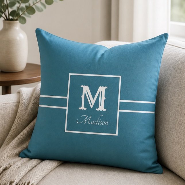 Oreiller jeté Monogramme Nom Sarcelle et Blanc (Créateur téléchargé)