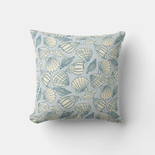 Oreiller jeté motif coquillages côtiers (bleu et s