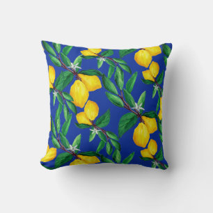 Oreiller jeté motif jaune vert bleu feuille de cit