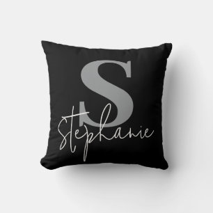 Oreiller jeté noir argenté avec monogramme en scri