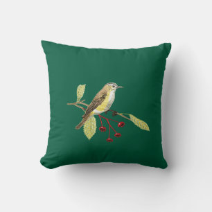 Oreiller jeté oiseau brodé imitation vert foncé