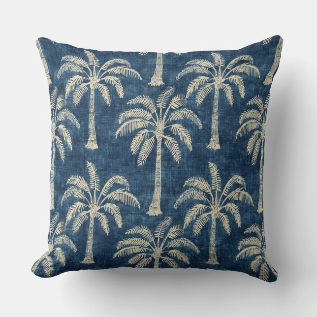 Oreiller jeté Palmiers Bleu Indigo & Crème (Recto)