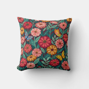 Oreiller jeté papillons zinnias folk abstraits