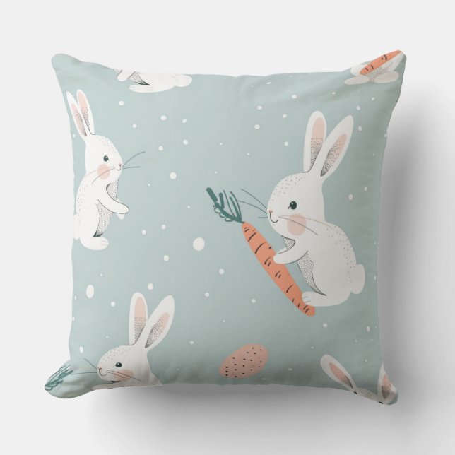 Oreiller jeté Pâques bleu avec lapin et carotte (Recto)