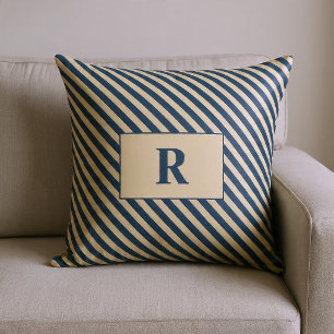 Oreiller jeté rayé bleu/vanille avec monogramme