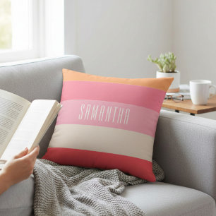 Oreiller jeté rayé monogramme bloc couleur rose