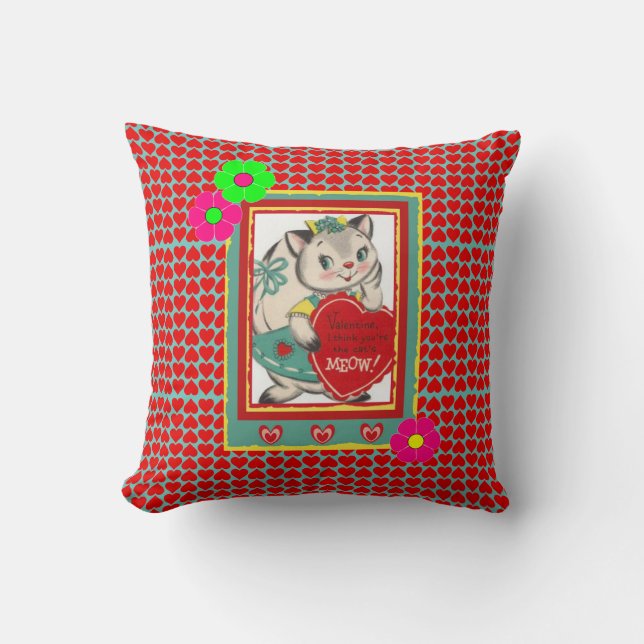 Oreiller jeté rétro "Miaou" pour la Saint-Valentin (Recto)