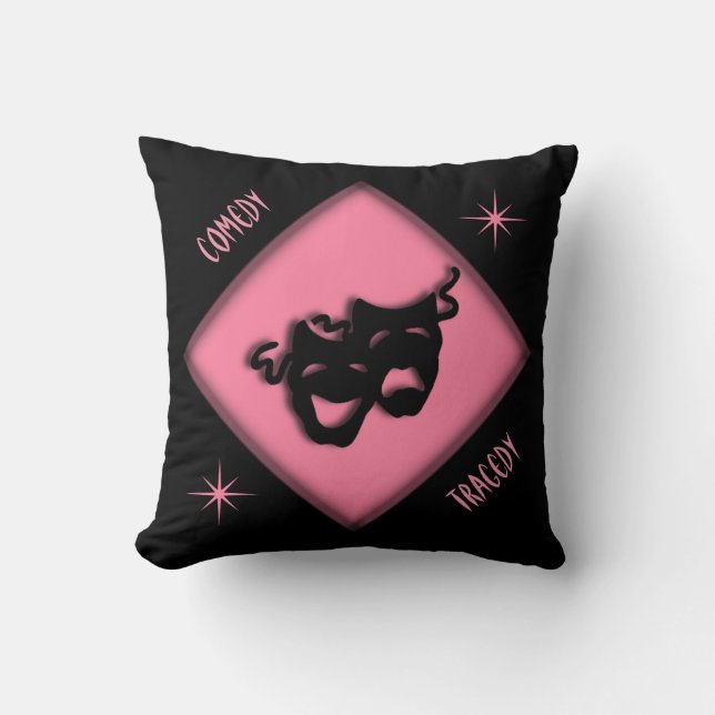 Oreiller jeté rose aux masques grecs heureux trist (Recto)