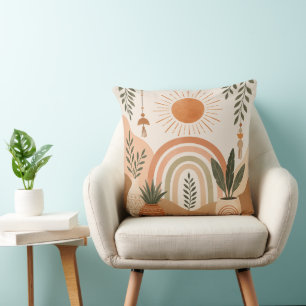 Oreiller jeté Soleil et Plantes Boho Neutre