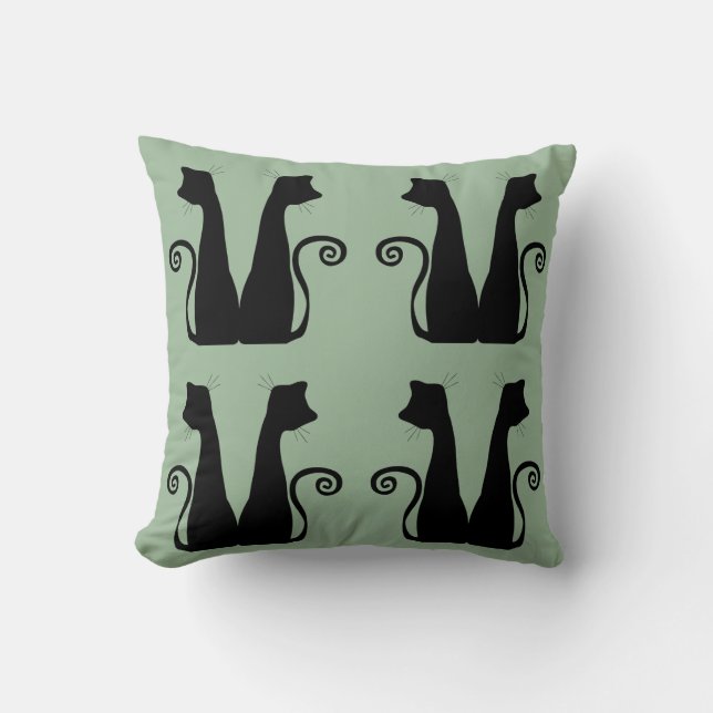 Oreiller jeté vert sauge motif chat noir minimalis (Recto)