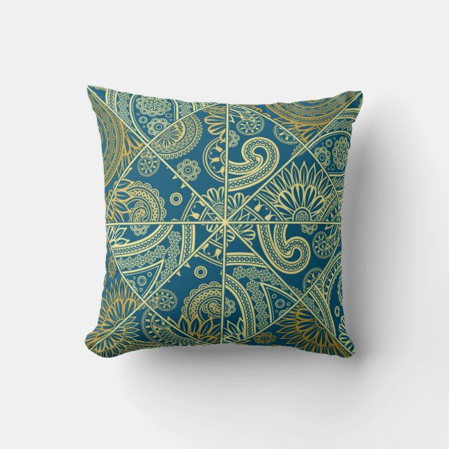 Oreiller Kaléidoscope Paisley Bleu et Or (Recto)