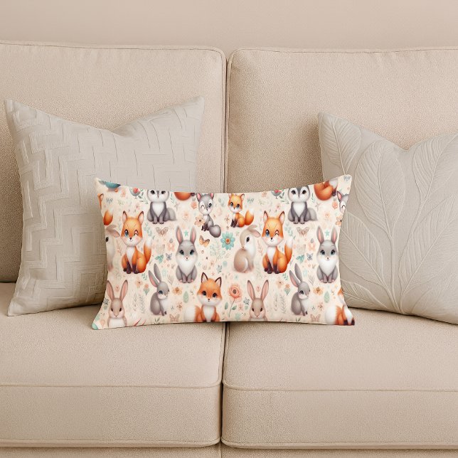 Oreiller Lombaire de Nursery à l'Aquarelle Renard  (Woodland Fox Bunny Watercolor Nursery Lumbar Pillow)