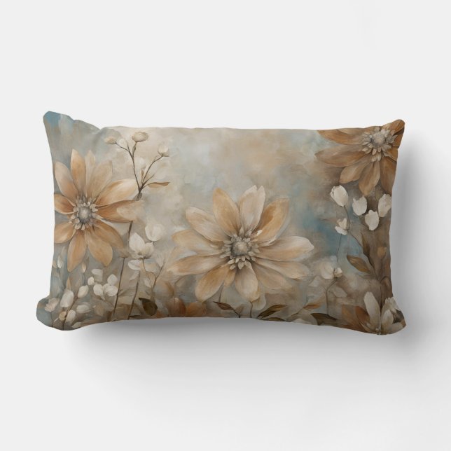 Oreiller lombaire floral de ferme bleu marron beig (Recto)