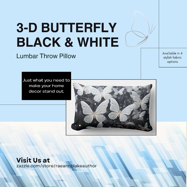 Oreiller lombaire noir et blanc papillon 3D (Créateur téléchargé)
