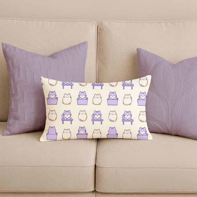 Oreiller Lombaire Pastel Chat Rond Mignon Lavande (Kawaii Lavender Chonky Cat Pastel Lumbar Pillow)