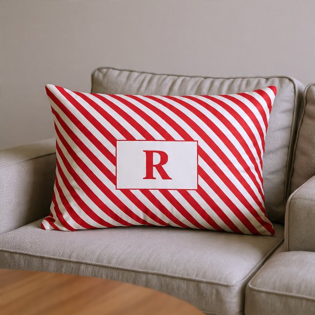 Oreiller lombaire rayé rouge et blanc avec monogra (Créateur téléchargé)