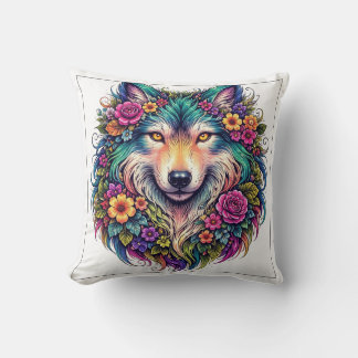Oreiller Loup Floral – Décoration Animale Bohème N