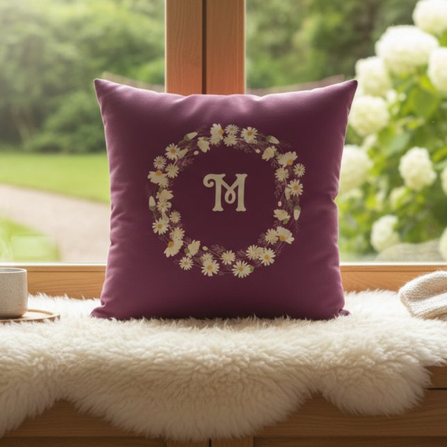 Oreiller monogramme de couronne florale burgundy  (Créateur téléchargé)