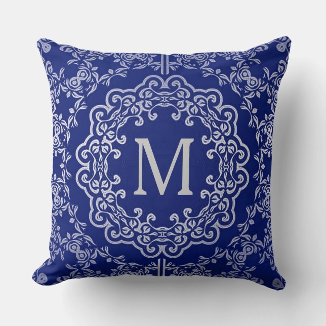 Oreiller Motif Motif Lève Monogramme Bleu & Argent (Recto)