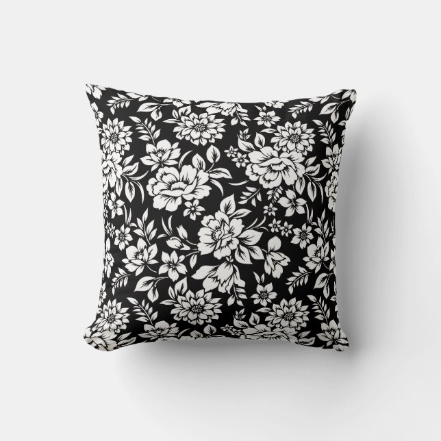Oreiller noir et blanc à motif floral (Recto)