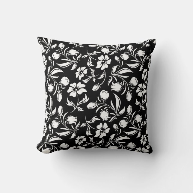 Oreiller noir et blanc à motif floral (Recto)