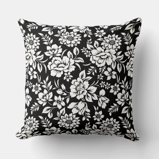 Oreiller noir et blanc à motif floral (Recto)