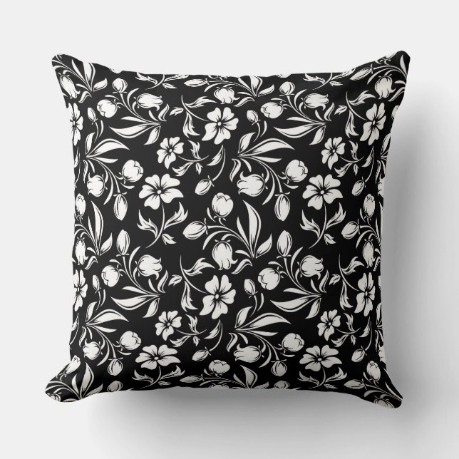Oreiller noir et blanc à motif floral (Recto)