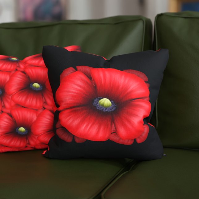 Oreiller noir Motif de fleurs de pavot rouge (Pop a poppy pillow on your sofa! This red and black modern floral pillow is double sided.)