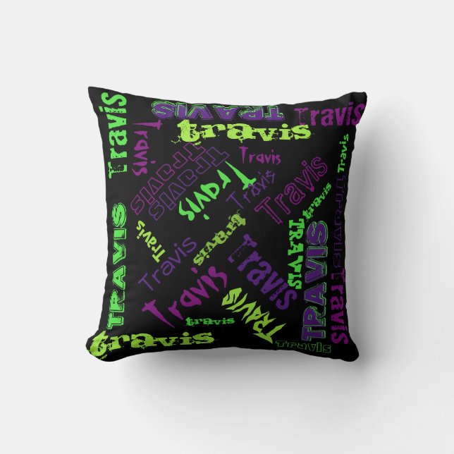 Oreiller noir néon vert violet pour nom en collage (Recto)