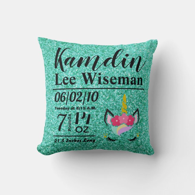Oreiller Pailleté Turquoise Licorne Naissance Pers (Recto)