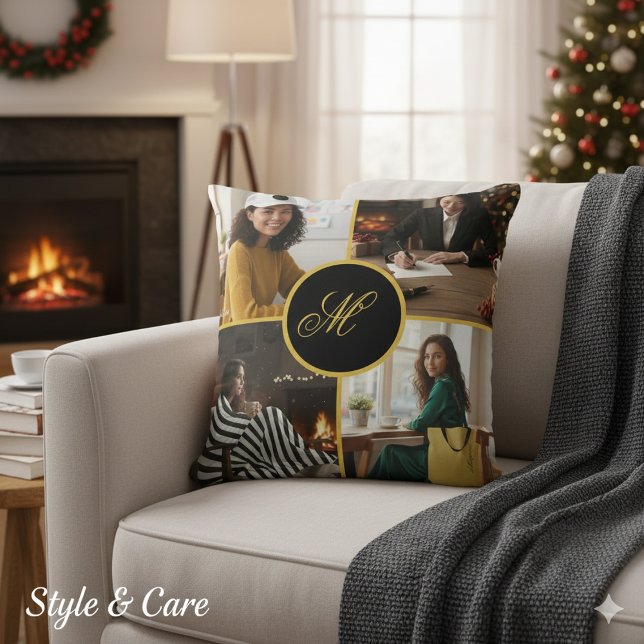Oreiller personnalisé avec monogramme et quatre ph (Four Photo Personalized Monogram Custom Throw Pillow)