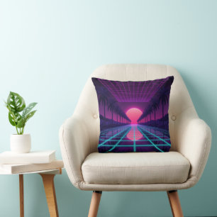 Oreiller Rétro Néo-Synthwave Grille & Palmiers
