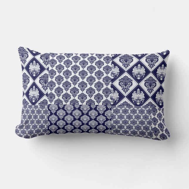 Oreiller réversible en damas patchwork bleu marine (Recto)