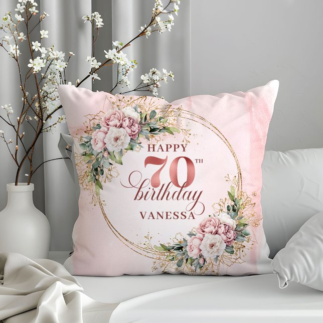 Oreiller Rose Gold Rose Pâle avec Fleurs 70 Ans (Blush Pink Rose Gold Pillow with Flowers 70th Birthday Pillow)