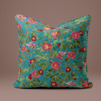 Oreiller Rose Rose Vintage sur Fond Bleu Paon