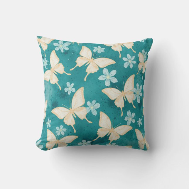 Oreiller sarcelle papillon et floral vintage (Recto)